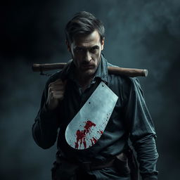 A dramatic scene featuring a man dressed in rugged clothing, carrying a machete with blood splattered on the blade