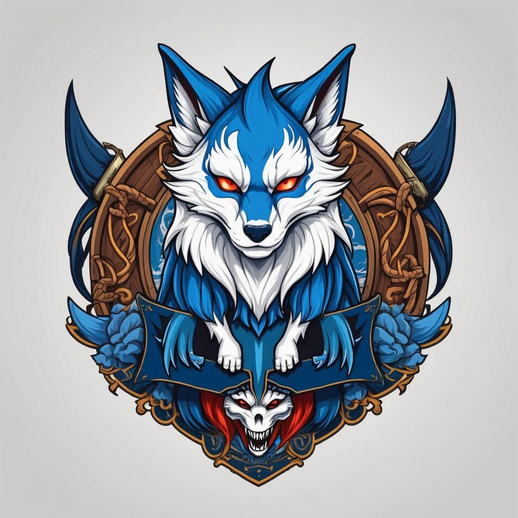 A striking logo design featuring a blue fox with fiery red eyes, adorned with pirate elements such as crossed swords and ropes