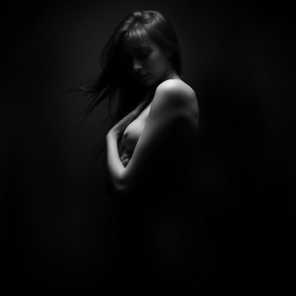 A somber, monochromatic image of a woman in a dramatic pose, with her hair flowing gently