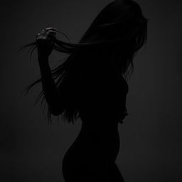 A somber, monochromatic image of a woman in a dramatic pose, with her hair flowing gently