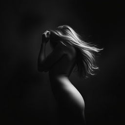 A somber, monochromatic image of a woman in a dramatic pose, with her hair flowing gently
