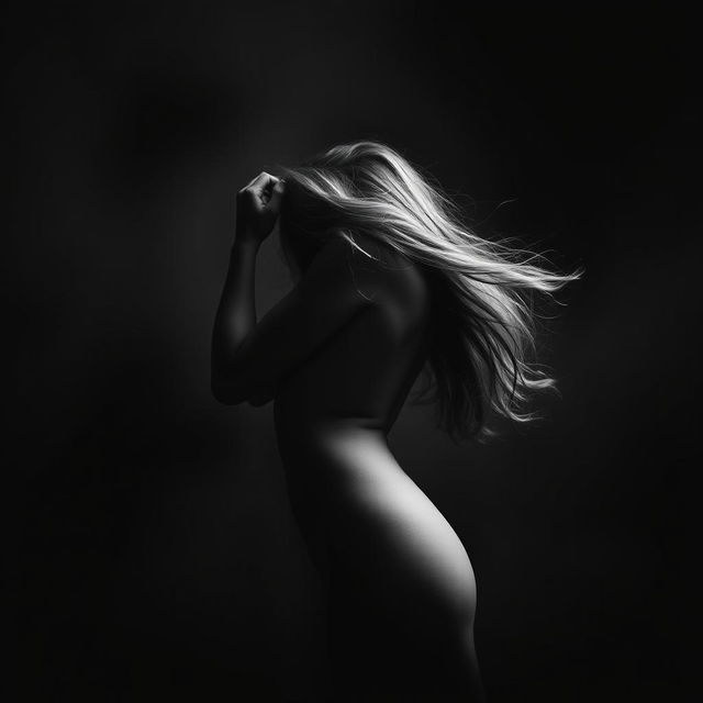 A somber, monochromatic image of a woman in a dramatic pose, with her hair flowing gently