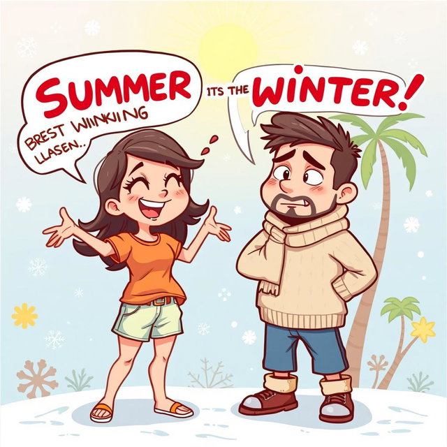 A cartoon-style image depicting a summer lover passionately arguing with a winter lover