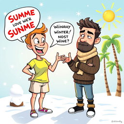 A cartoon-style image depicting a summer lover passionately arguing with a winter lover
