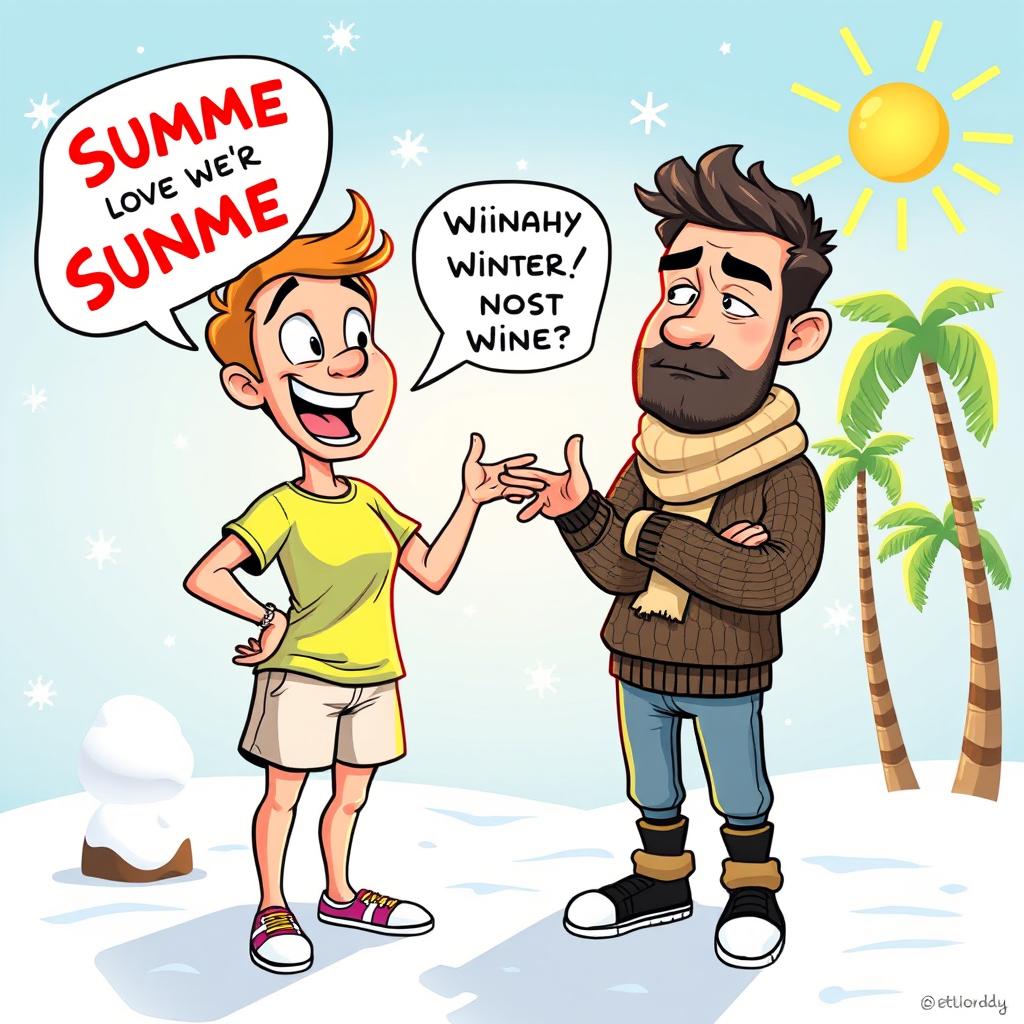 A cartoon-style image depicting a summer lover passionately arguing with a winter lover