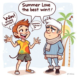 A cartoon-style image depicting a summer lover passionately arguing with a winter lover