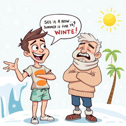 A cartoon-style image depicting a summer lover passionately arguing with a winter lover