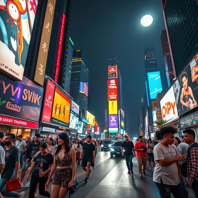 A stunning scene capturing the essence of a bustling city at night, illuminated by neon lights