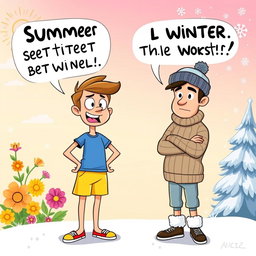 A cartoon-style image showcasing a summer lover and a winter lover in an animated argument