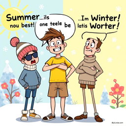 A cartoon-style image showcasing a summer lover and a winter lover in an animated argument