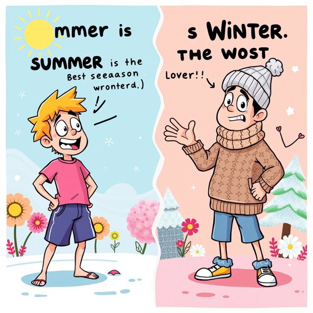 A cartoon-style image showcasing a summer lover and a winter lover in an animated argument