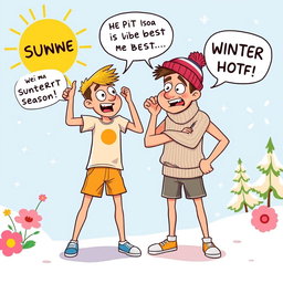 A cartoon-style image showcasing a summer lover and a winter lover in an animated argument