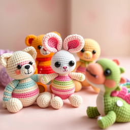 A charming and colorful crocheted amigurumi collection featuring various adorable characters like a smiling teddy bear, a cute rabbit with floppy ears, a tiny octopus with big eyes, and a cheerful dinosaur