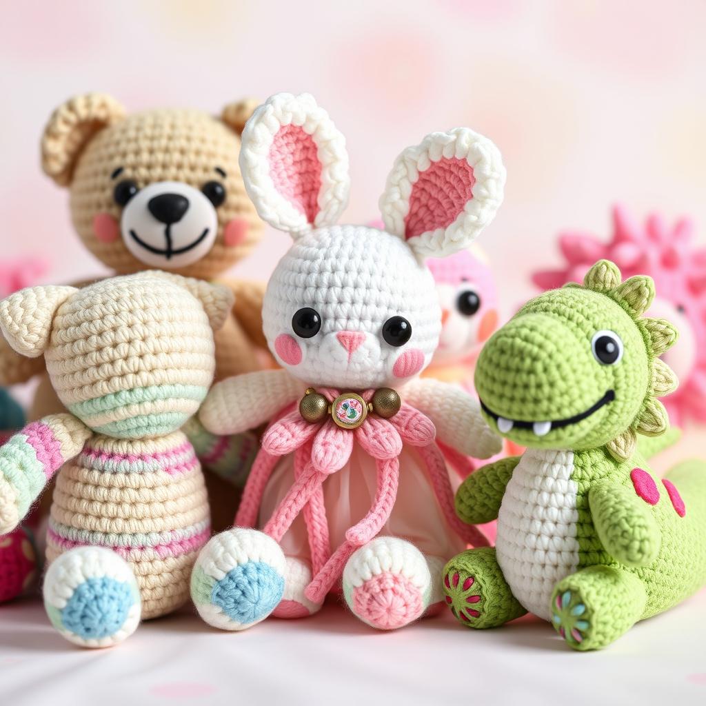 A charming and colorful crocheted amigurumi collection featuring various adorable characters like a smiling teddy bear, a cute rabbit with floppy ears, a tiny octopus with big eyes, and a cheerful dinosaur