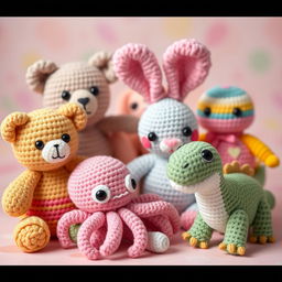 A charming and colorful crocheted amigurumi collection featuring various adorable characters like a smiling teddy bear, a cute rabbit with floppy ears, a tiny octopus with big eyes, and a cheerful dinosaur