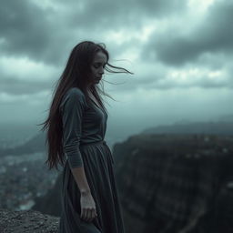 A gloomy and somber scene depicting a woman in a grey and desaturated environment, standing at the edge of a precipice, looking contemplative and pensive, with her hair flowing in the wind