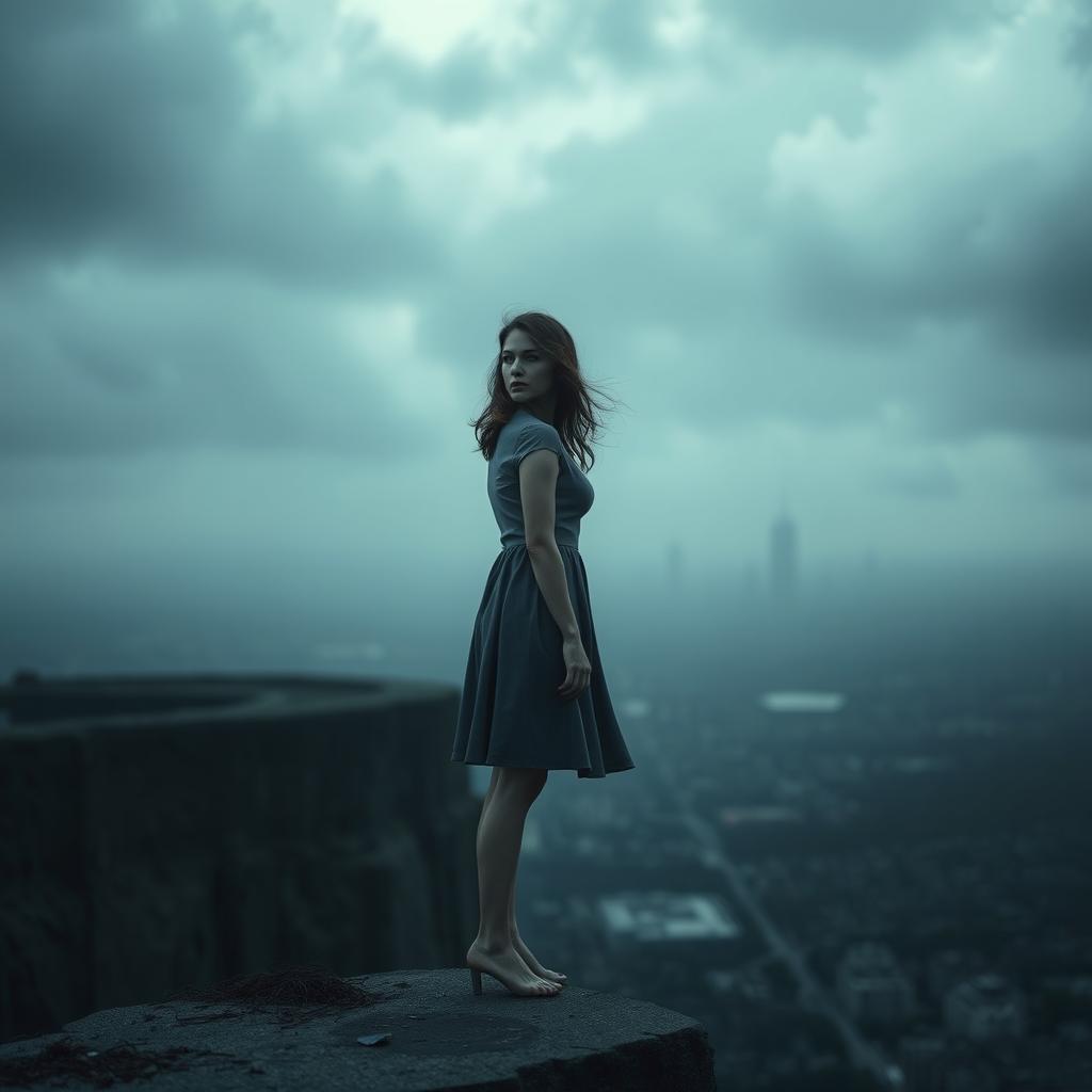 A gloomy and somber scene depicting a woman in a grey and desaturated environment, standing at the edge of a precipice, looking contemplative and pensive, with her hair flowing in the wind