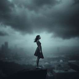 A gloomy and somber scene depicting a woman in a grey and desaturated environment, standing at the edge of a precipice, looking contemplative and pensive, with her hair flowing in the wind