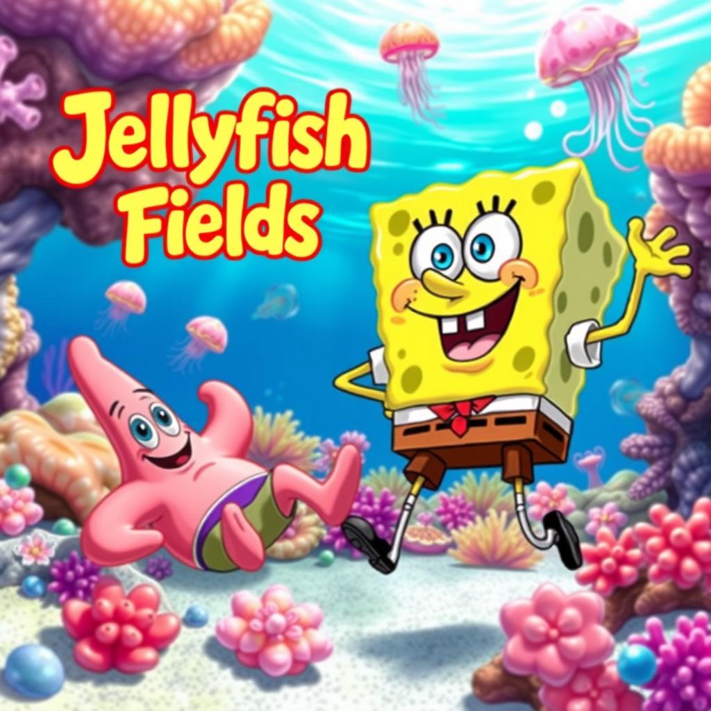 A vibrant and whimsical underwater scene showcasing SpongeBob SquarePants and Patrick Star, joyfully enjoying a day at Jellyfish Fields