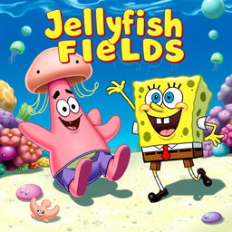 A vibrant and whimsical underwater scene showcasing SpongeBob SquarePants and Patrick Star, joyfully enjoying a day at Jellyfish Fields