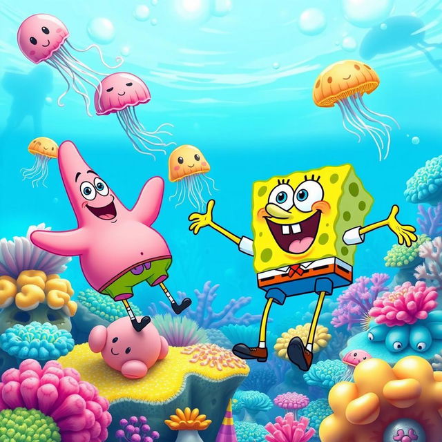 A vibrant and whimsical underwater scene showcasing SpongeBob SquarePants and Patrick Star, joyfully enjoying a day at Jellyfish Fields