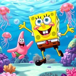 A vibrant and whimsical underwater scene showcasing SpongeBob SquarePants and Patrick Star, joyfully enjoying a day at Jellyfish Fields