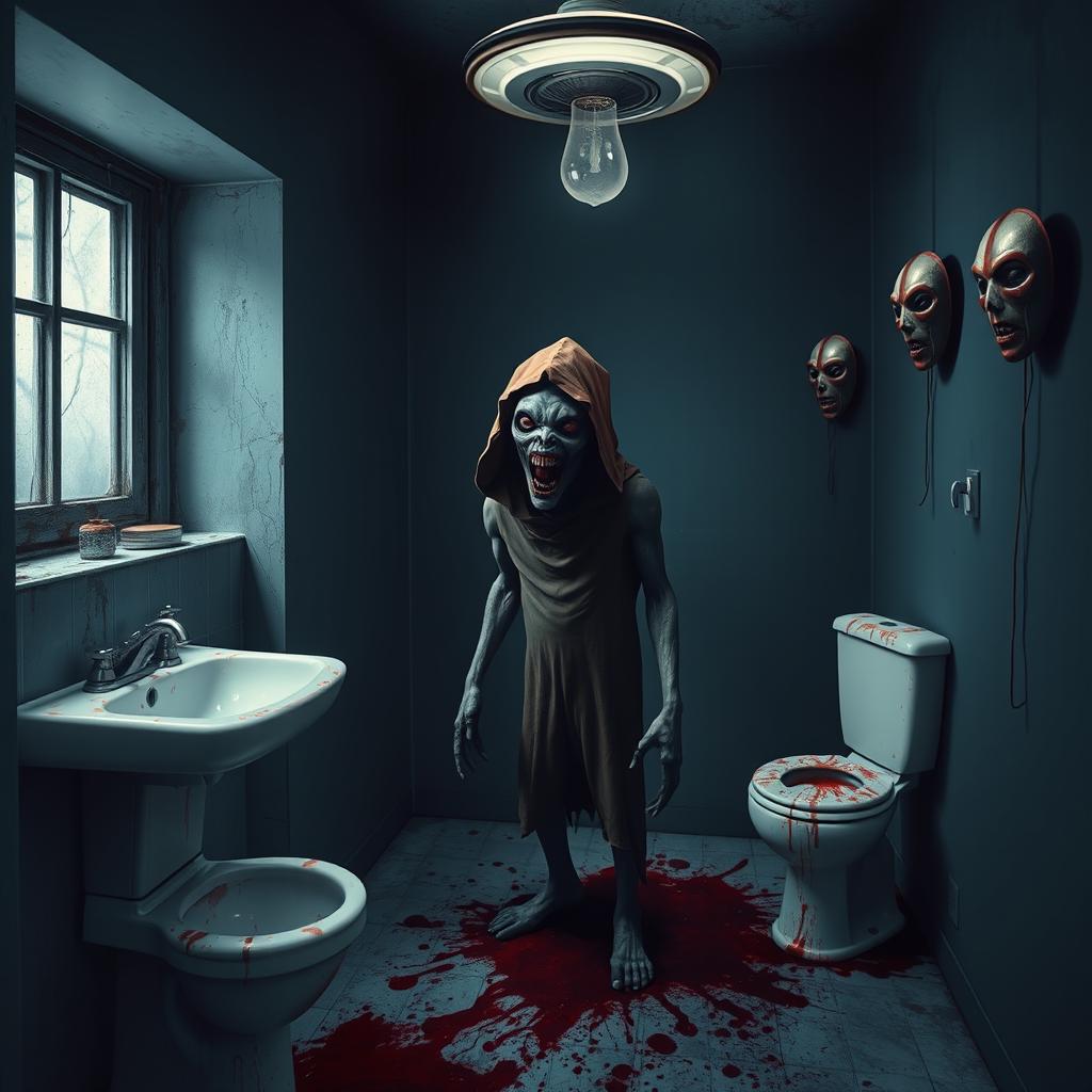 A dark and eerie bathroom scene, featuring a grimy sink and a distressed toilet