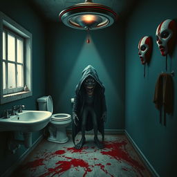 A dark and eerie bathroom scene, featuring a grimy sink and a distressed toilet