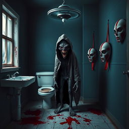 A dark and eerie bathroom scene, featuring a grimy sink and a distressed toilet