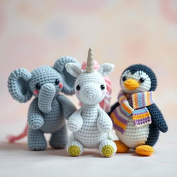 A delightful display of crocheted amigurumi characters including a cheerful elephant with oversized ears, a playful unicorn with a sparkling horn, and a friendly penguin wearing a cute scarf