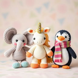 A delightful display of crocheted amigurumi characters including a cheerful elephant with oversized ears, a playful unicorn with a sparkling horn, and a friendly penguin wearing a cute scarf