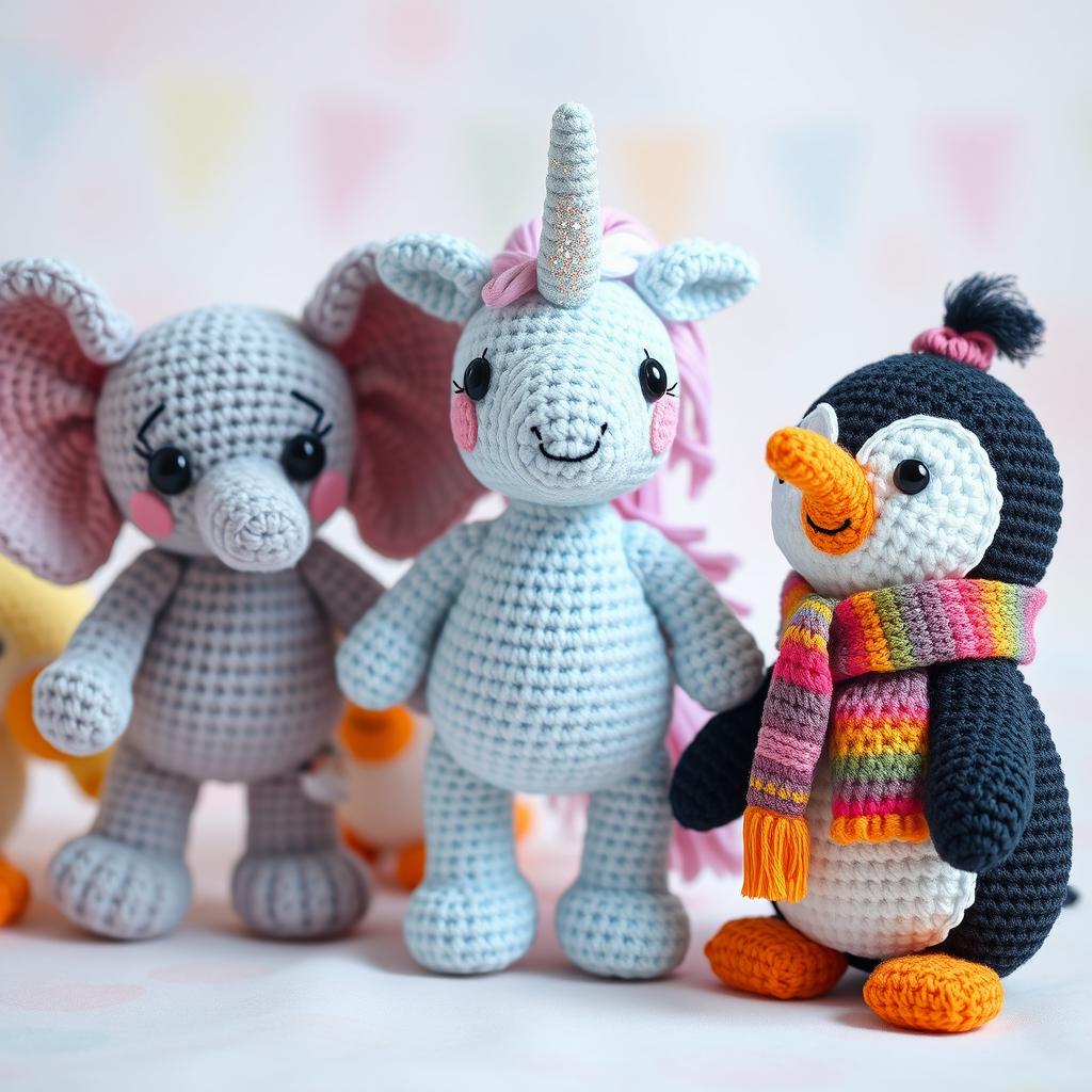 A delightful display of crocheted amigurumi characters including a cheerful elephant with oversized ears, a playful unicorn with a sparkling horn, and a friendly penguin wearing a cute scarf