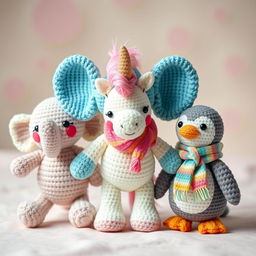 A delightful display of crocheted amigurumi characters including a cheerful elephant with oversized ears, a playful unicorn with a sparkling horn, and a friendly penguin wearing a cute scarf