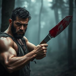 A dramatic scene featuring a rugged man with an intense expression, firmly gripping a bloodied machete