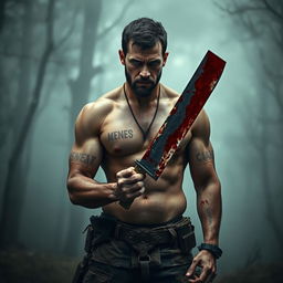 A dramatic scene featuring a rugged man with an intense expression, firmly gripping a bloodied machete