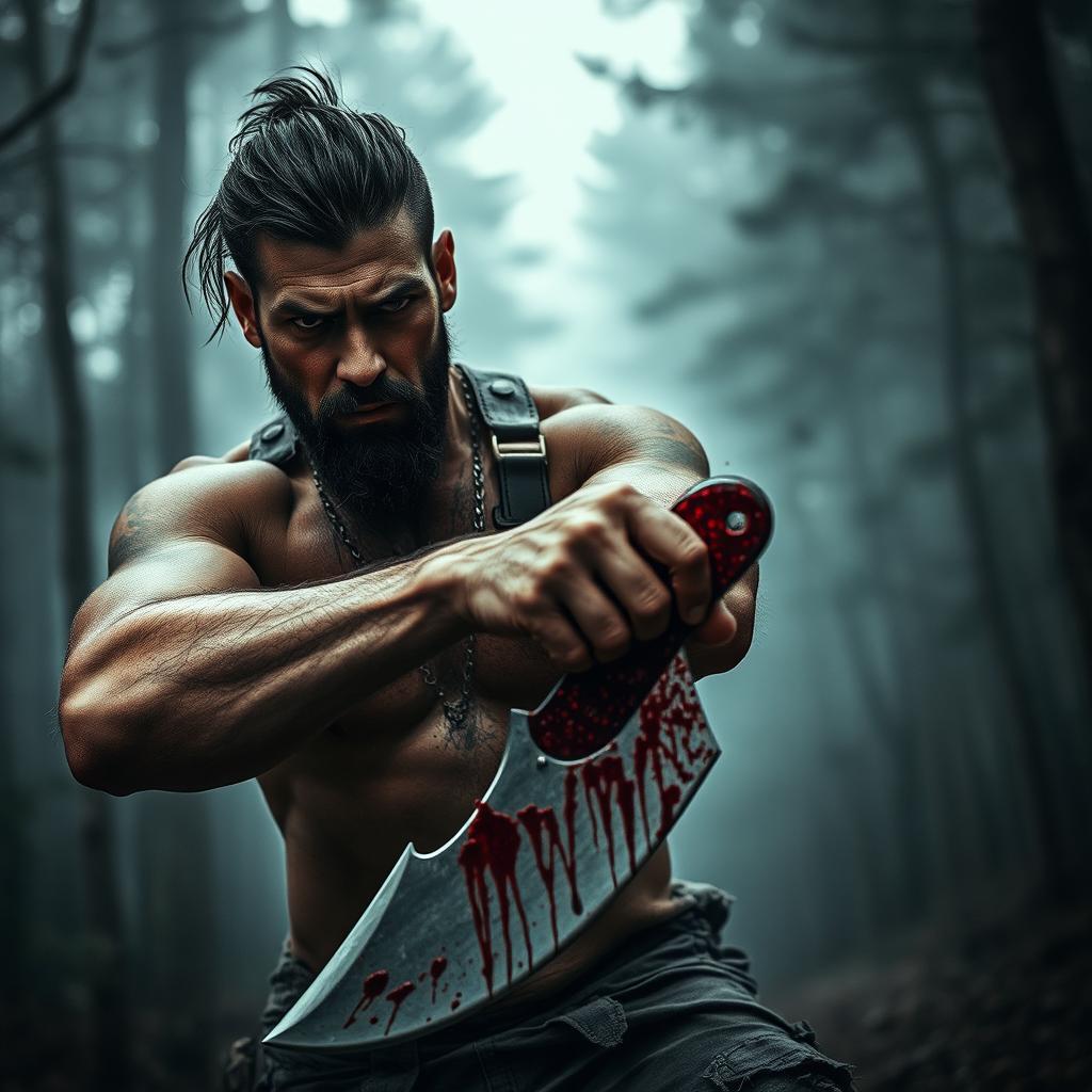 A dramatic scene featuring a rugged man with an intense expression, firmly gripping a bloodied machete