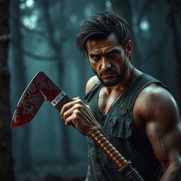A dramatic scene featuring a rugged man with an intense expression, firmly gripping a bloodied machete