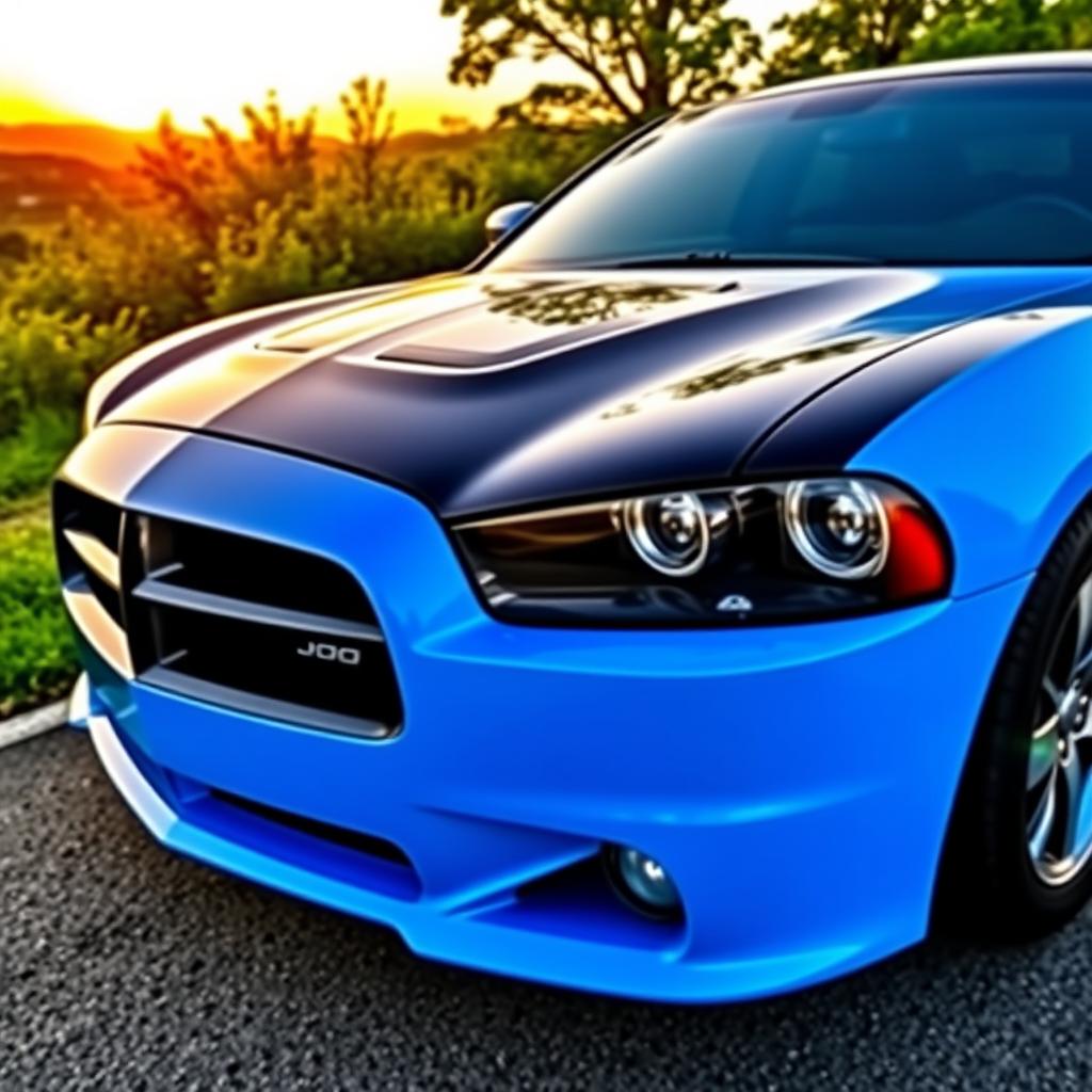 A stunning two-tone 2005 Dodge Charger featuring a striking blue color over a sleek black base