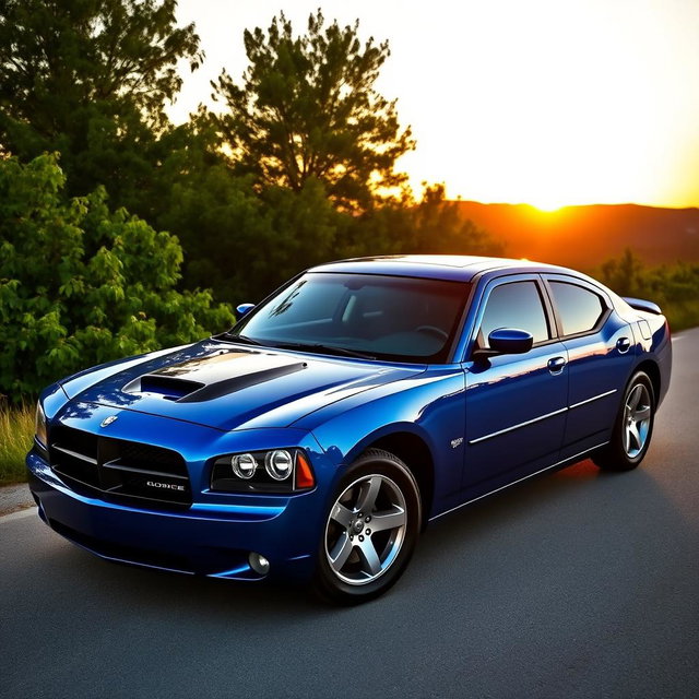 A stunning two-tone 2005 Dodge Charger featuring a striking blue color over a sleek black base