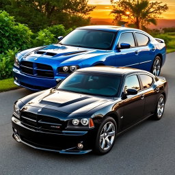 A stunning two-tone 2005 Dodge Charger featuring a striking blue color over a sleek black base
