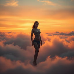 A serene figure standing confidently among softly drifting clouds at sunset, with warm hues of orange and pink illuminating the scene, creating a peaceful and ethereal atmosphere