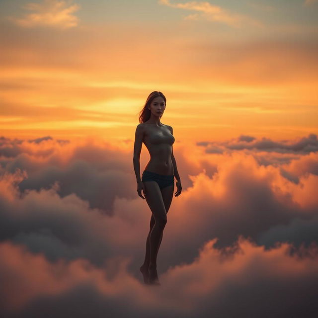 A serene figure standing confidently among softly drifting clouds at sunset, with warm hues of orange and pink illuminating the scene, creating a peaceful and ethereal atmosphere