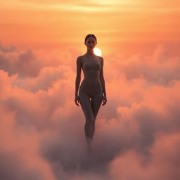 A serene figure standing confidently among softly drifting clouds at sunset, with warm hues of orange and pink illuminating the scene, creating a peaceful and ethereal atmosphere