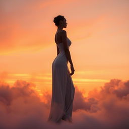 A serene figure standing confidently among softly drifting clouds at sunset, with warm hues of orange and pink illuminating the scene, creating a peaceful and ethereal atmosphere