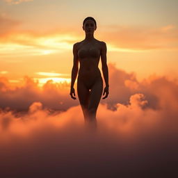 A serene figure standing confidently among softly drifting clouds at sunset, with warm hues of orange and pink illuminating the scene, creating a peaceful and ethereal atmosphere