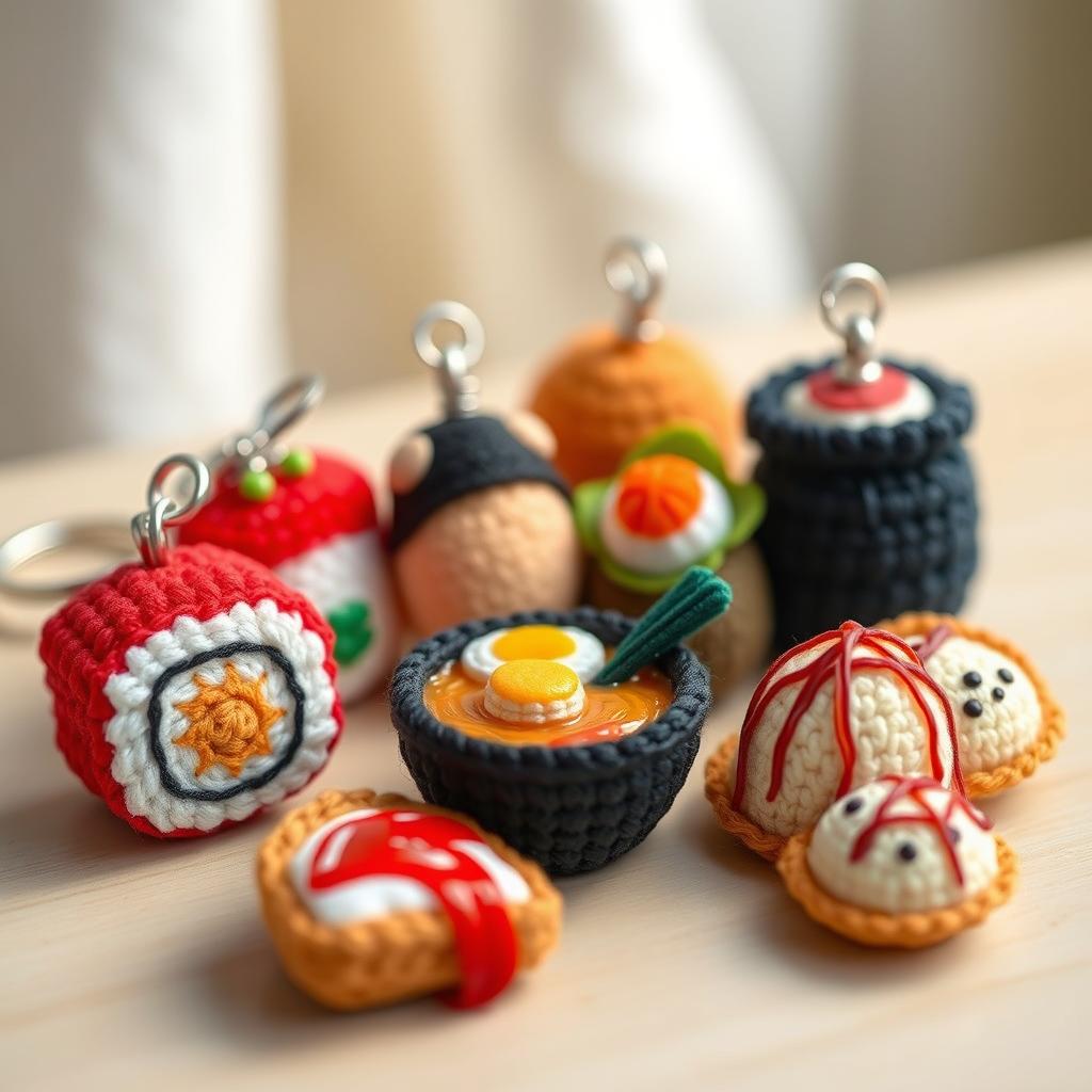 A delightful assortment of crocheted Japanese food keychains, featuring intricate designs of beloved dishes such as a small sushi roll with colorful toppings, a cute onigiri (rice ball) adorned with a nori wrapping, a charming bowl of ramen complete with a tiny soft-boiled egg, and a beautifully crafted takoyaki (octopus balls) with a drizzle of sauce