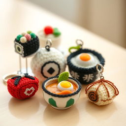 A delightful assortment of crocheted Japanese food keychains, featuring intricate designs of beloved dishes such as a small sushi roll with colorful toppings, a cute onigiri (rice ball) adorned with a nori wrapping, a charming bowl of ramen complete with a tiny soft-boiled egg, and a beautifully crafted takoyaki (octopus balls) with a drizzle of sauce