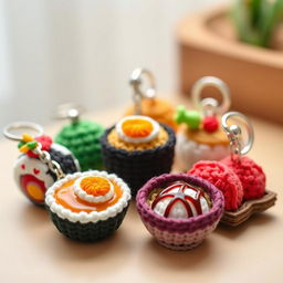 A delightful assortment of crocheted Japanese food keychains, featuring intricate designs of beloved dishes such as a small sushi roll with colorful toppings, a cute onigiri (rice ball) adorned with a nori wrapping, a charming bowl of ramen complete with a tiny soft-boiled egg, and a beautifully crafted takoyaki (octopus balls) with a drizzle of sauce