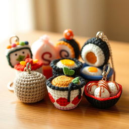 A delightful assortment of crocheted Japanese food keychains, featuring intricate designs of beloved dishes such as a small sushi roll with colorful toppings, a cute onigiri (rice ball) adorned with a nori wrapping, a charming bowl of ramen complete with a tiny soft-boiled egg, and a beautifully crafted takoyaki (octopus balls) with a drizzle of sauce