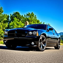 A sleek, aggressive black 2006 Dodge Charger parked on a scenic road